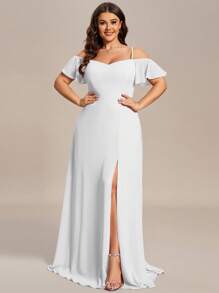 Romantisches Chiffon-Kleid mit Off-Shoulder, bodenlang, hohem Schlitz, ideal für Junggesellinnenabschied, Bridal-Shower, Hochzeit, Brautkleid, Cocktailkleid, Verlobungskleid in Große Größen