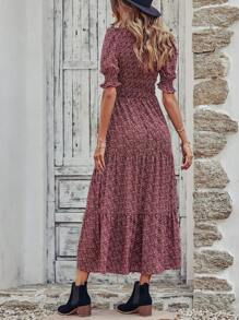 Women Casual Summer Crew Neck Ruffle Short Sleeve Floral Print Polka Dots Smocked Dress Button Keyhole Back Spring Boho Bohemia Tropical Flowy Beach Holiday Vacation Valentine Long Maxi Dress - Burgundy - View 2