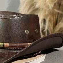 Mens PU Leather Western Hats Solic Color Retro Cowboy Hat With Chin Strap For Spring Fall - Brown - View 5