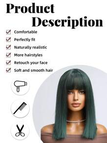 High Quality Natural Vertical Dark Green 14-Inch Short Straight Bob Wig With Bangs Ladies Fashion Wig Synthetic Heat-Resistant Fiber Wig Perfect For Holiday Travel Family Party Cosplay Everyday Wear