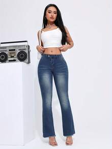 Quần Jeans Ống Loe Cạp Thấp Có Túi Bên Hông Cho Nữ, Ôm Vừa Gợi Cảm - Màu xanh lam - Xem 7
