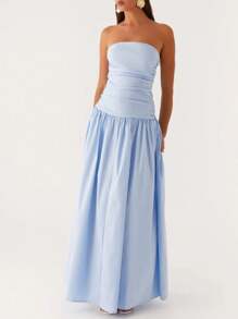 2025 Women Y2k Strapless Maxi Dress Tube Top Dress Elegant Long Dress Summer Beach Vacation Dress Off The Shoulder Dresses Sleeveless A Line Flowy Dress Wedding Party Formal Cocktail Dresses Bohemian Clothes Dress - 藍色 - 查看 1