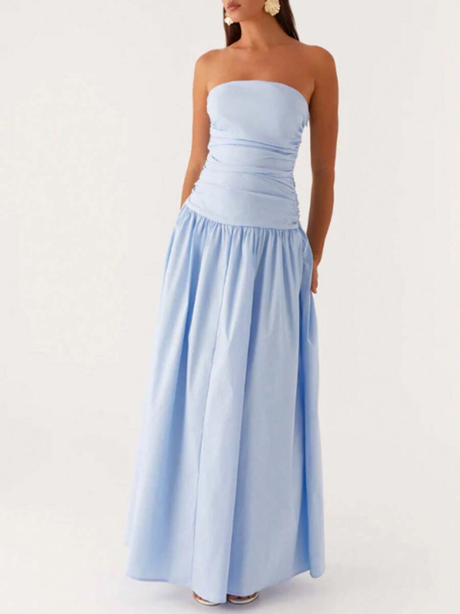 2025 Women Y2k Strapless Maxi Dress Tube Top Dress Elegant Long Dress Summer Beach Vacation Dress Off The Shoulder Dresses Sleeveless A Line Flowy Dress Wedding Party Formal Cocktail Dresses Bohemian Clothes Dress - 藍色 - 查看 1