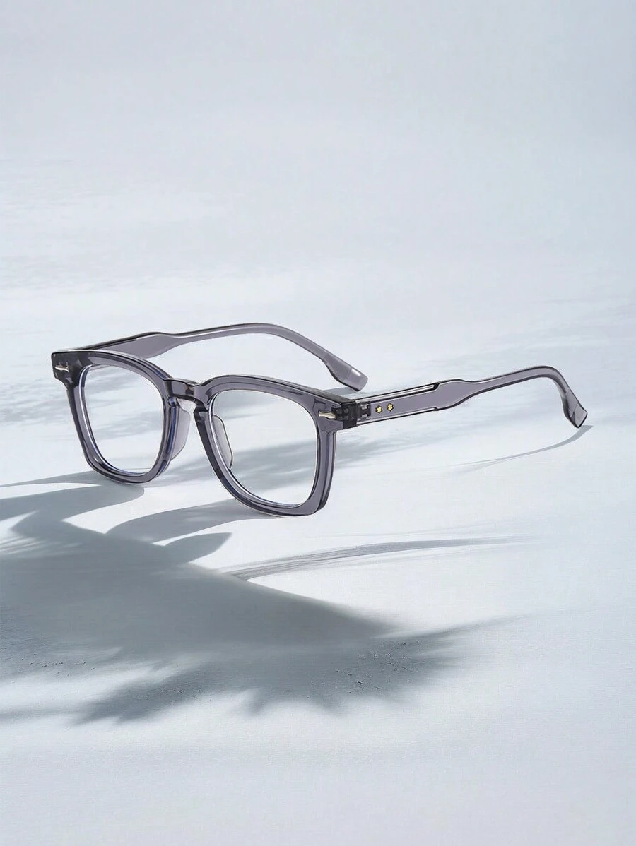 1副男士灰色方框无度数眼镜，带星形铆钉，街头风格透明眼镜配件 - 淺灰色 - 查看 1