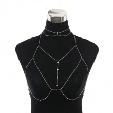 Sexy Women's Body Chain, Rhinestone Pendant Tassel Necklace, Sexy Chest Chain, Rhinestone Pearl Chain, Sexy Women Body Chain Jewelry, Rhinestone Pendant Tassel Necklace, Sexy Chest Decoration Chain, Fashionable Sexy Elegant Chain For Women, Elegant Sexy Women Necklace