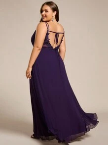 EVERPRETTY Plus Chiffon Spaghetti Strap Plunging Backless Pleated Bridesmaid Dresses - Purple - View 6