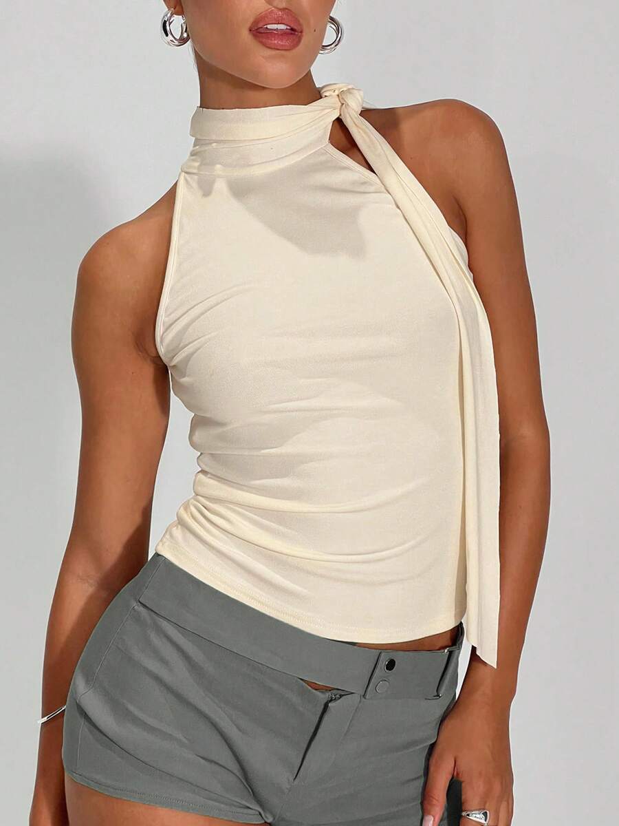 Women Y2K High Neck Tank Tops Sleeveless Slim Summer Shirts Going Out Mock Neck Bow Tie Cami Top With Scarf - Ivory - View 1
