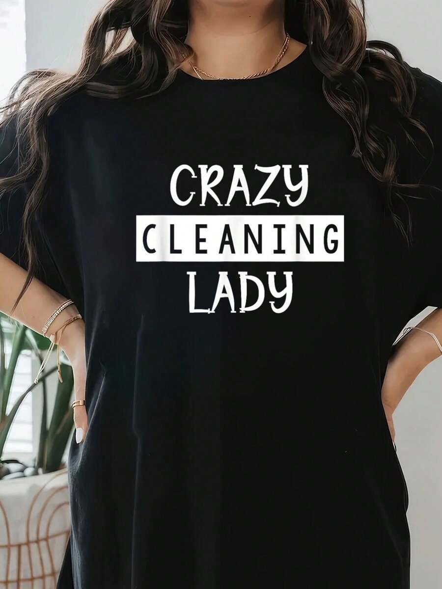 Crazy Cleaning Lady Print T-Shirt, Short Sleeve Round Neck Casual Top For Summer & Spring, Women's Clothing - Black - View 1