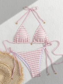 Ladies' Striped And Water Ripple Split Swimsuit Sexy Bikini SexHy Bikini Swimsuit Color Blocking Fashion High-End Hot Spring Party Bikini Careful Machine,European & American Style Sexy Halter Women Bikini Set Swimwear, For Summer Beach Vacation Hot Selling Swimsuits - Baby Pink - View 3