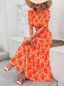 Women Casual Summer Crew Neck Ruffle Short Sleeve Floral Print Polka Dots Smocked Dress Button Keyhole Back Spring Boho Bohemia Tropical Flowy Beach Holiday Vacation Valentine Long Maxi Dress - trái cam - Xem 4