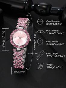 6pcs Ladies' Pink Watch Gorgeous And Fashionable Quartz Watch Set With Rhinestones And Rhinestones, Bracelet Necklace, Earrings, Ring, Alloy Jewelry Set