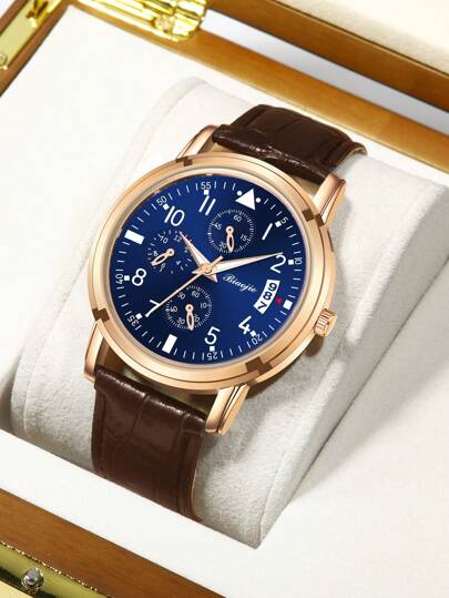 高端时尚商务手表，蓝色表盘，真皮表带
