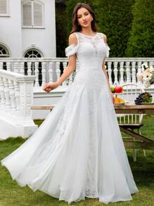 MIUSOL Deep V-Neck Floral Lace Cold Shoulder White Wedding Party Maxi Dress - White - View 5