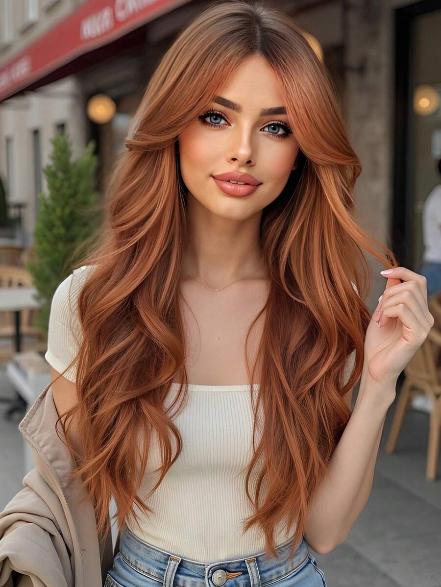 26 Inch Orange Butterfly Hairstyle Synthetic Wig With Bangs, Long Curly Synthetic Fiber Wig For Women & Girls, Lace-Free Synthetic Wig, Suitable For Music Festivals - 臟橘色 - 查看 1