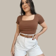 Women's Ribbed Blouse Square Neck Short Sleeve Casual Everyday Blouse - Óxido marrón - Ver 2