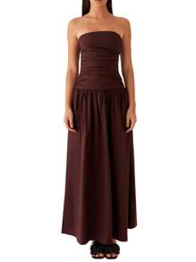 Women Tube Top Maxi Dress Elegant Sleeveless Strapless Ruched Flowy Dress Summer Long Wedding Party Cocktail Dresses - Chocolate Brown - View 1
