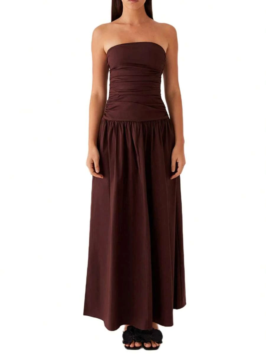 Women Tube Top Maxi Dress Elegant Sleeveless Strapless Ruched Flowy Dress Summer Long Wedding Party Cocktail Dresses - Chocolate Brown - View 1