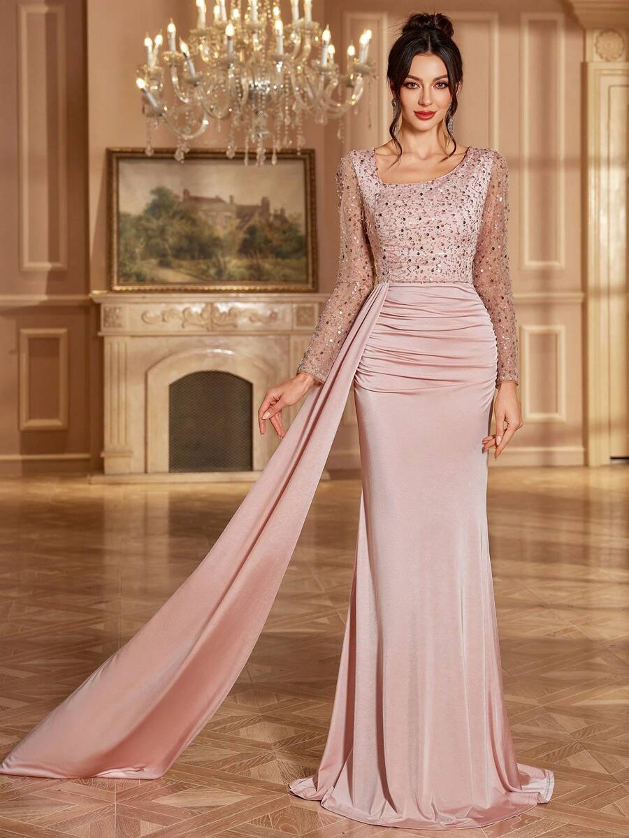 新款优雅派对宾客礼服，亮片点缀浪漫方领无袖连衣裙，春夏婚礼宾客礼服，正式礼服，晚礼服，长袍 - 粉色 - 查看 1