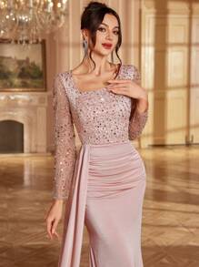 新款优雅派对宾客礼服，亮片点缀浪漫方领无袖连衣裙，春夏婚礼宾客礼服，正式礼服，晚礼服，长袍 - 粉色 - 查看 3