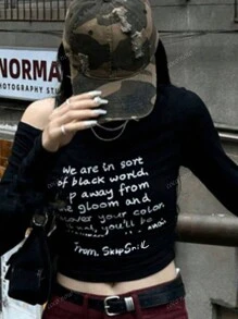 Women's Off Shoulder Letter Print T-Shirt, Slim Fit Stretchy Tee For Early Autumn