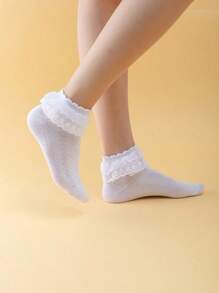 1 Par/4 Pares/5 Pares Calcetines de encaje de doble capa para niños/niñas, calcetines deportivos cortos casuales de unicolor y malla transpirable para bebés