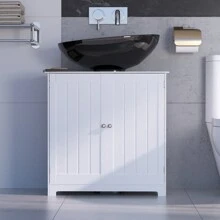 Lucn Modern Style Kitchen / Bathroom Under Sink Cabinet Washroom Sink Storage Unit Floor Free Standing Cupboard Restroom Basin Cupboard With Shelf, Simple White With Carved Lines, Waterprof And Moisture-Proof, U-Shaped Opening Design, MDF Boards, Adjustable Shelf Height, Double Door, Magnetic Attraction, 60*60*30 CM (Under-Sink Cabinet) - White - View 1