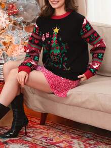 Women Christmas Sweater Long Sleeve Crew Neck Tree Letters Pullover Sweater Winter Sweater - Black - View 4