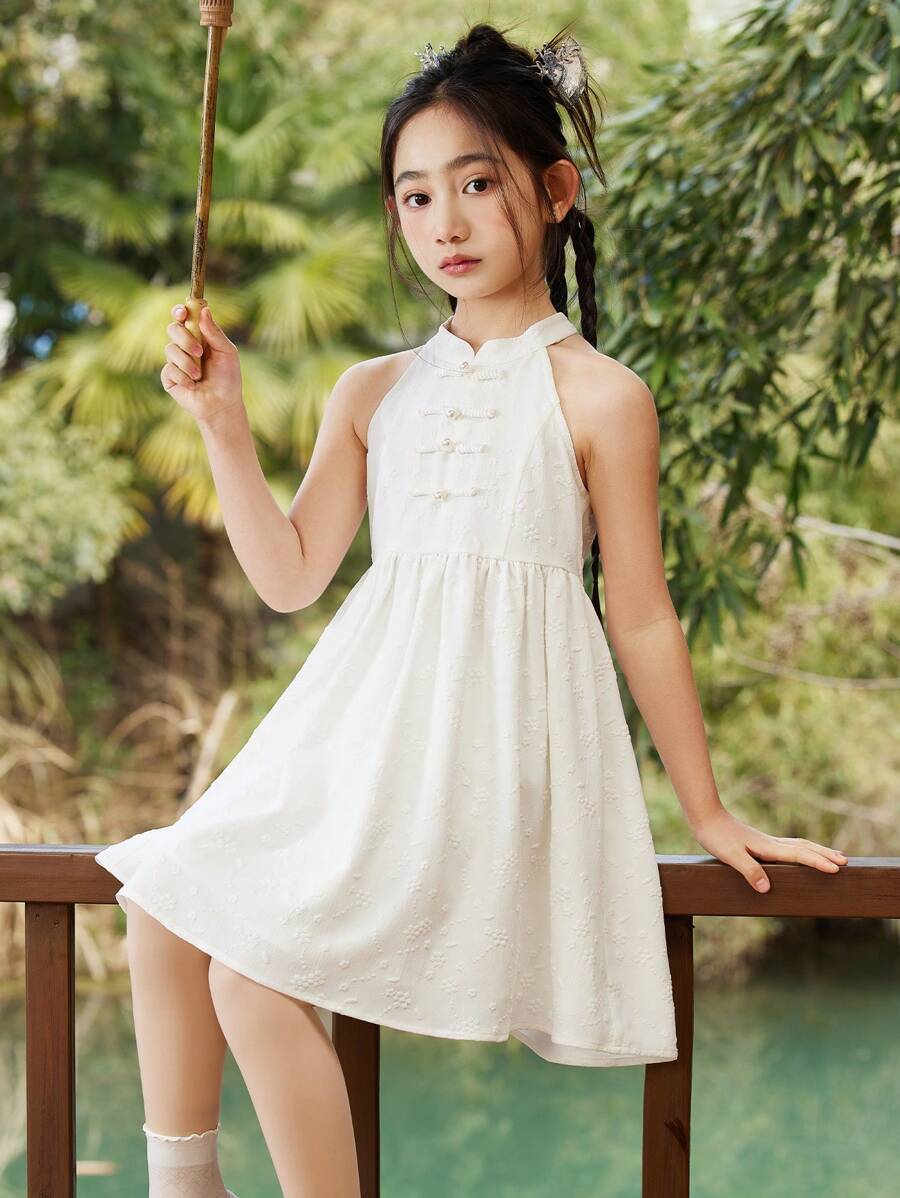 ASK JUNIOR 青少年女孩时尚无袖吊带纽扣设计公主裙