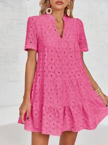 Vestido de verano con encaje y ojales para mujer de Larisa, estilo babydoll fluido, con escote en V y manga corta - Rosa Fucsia - Ver 2