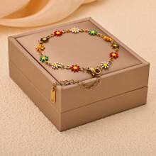 1pc Women Stainless Steel Colorful Daisy Flower Chain Bracelet, Fashion Everyday Versatile - Multicolor - View 2
