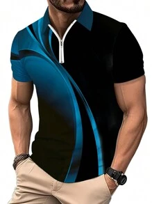 1pc Men Colorblock Digital Print Zip-Up Shirt, Casual For Outdoor In Summer - Blue - View 1