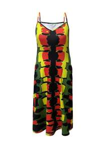 Women Plus Size Casual Vacation Style Printed Spaghetti Strap Dress With Pockets Party Summer Elegant - Multicolor - View 3