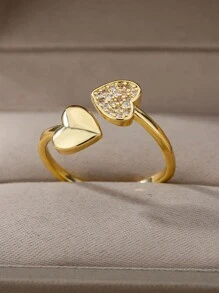 Two Heart Stainless Steel Rings With Cubic Zirconia 18K Gold-Plated Adjustable Open Ring For Women Romantic Golden Wedding Memorial Jewelry Holiday Accessories Mother's Day, Valentine's Day Gifts