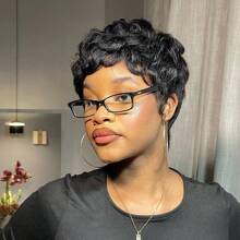 Peluca corta con corte pixie ondas sueltas y rizos elegantes para mujer, cabello humano brasileño con rizos sueltos, peluca pixie con corte completo fabricada a máquina, peluca sin pegamento de 6 pulgadas - Negro - Ver 3