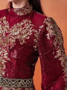 Women's Elegant Floral Print Long Sleeve Prom Dress,Party Dress,Gown,Formal,Evening,Wedding Guest