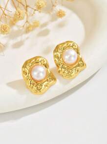 VceTd 1 Pair Vintage Style Semicircle Plastic Inlaid Stainless Steel Stud Earrings, Suitable For Women To Wear To Formal Dinners - Yellow Gold - View 5