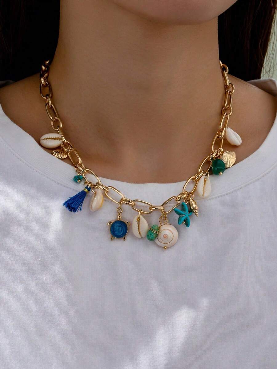 1pc Bohemian Style Starfish Pendant Necklace, Summer Beach Vacation - Multicolor - View 1