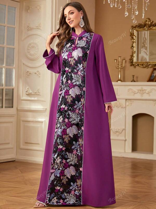 Vestido largo musulmán de patchwork con bordado floral elegante, vestido abaya de estilo árabe para mujeres, kaftán modesto