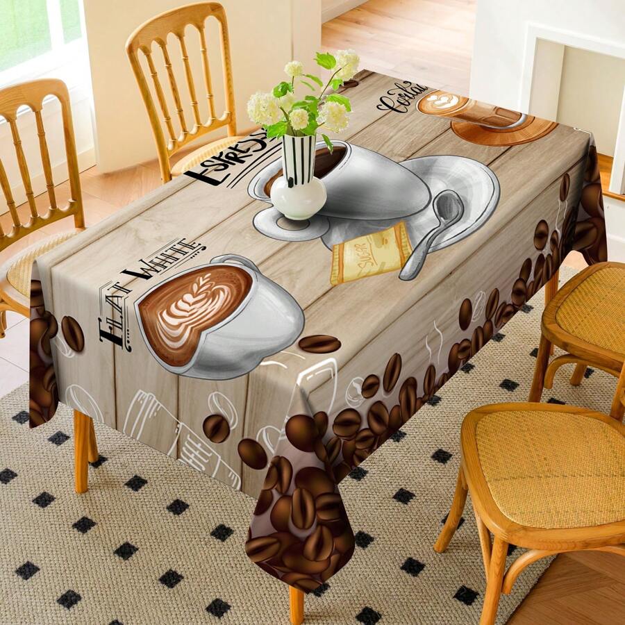 1 Stück Tischdecke im Vintage-Stil mit Kaffee-Grafik, Esszimmertisch Hochzeitsdekoration Tuch, Party-Rechteck-Tischdecke, Retro Tee-Tisch Polyester Dekoset, geeignet für Picknicks oder Feierlichkeiten, Heimdekoration - Braun - Übersicht 1