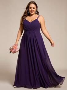 EVERPRETTY Plus Chiffon Spaghetti Strap Plunging Backless Pleated Bridesmaid Dresses - Purple - View 7