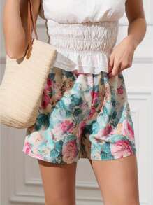 Women's Summer Casual Beach Shorts Elastic Waistband Floral Wide Leg Streetwear Shorts