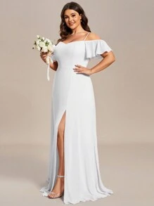 Romantisches Chiffon-Kleid mit Off-Shoulder, bodenlang, hohem Schlitz, ideal für Junggesellinnenabschied, Bridal-Shower, Hochzeit, Brautkleid, Cocktailkleid, Verlobungskleid in Große Größen