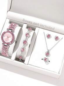 6pcs Ladies' Pink Watch Gorgeous And Fashionable Quartz Watch Set With Rhinestones And Rhinestones, Bracelet Necklace, Earrings, Ring, Alloy Jewelry Set