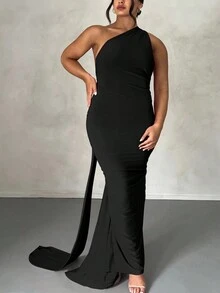 女士春夏露背拼布褶皱无袖单肩长裙优雅性感派对礼服舞会服装