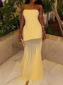 女士时尚奶油黄色露肩网眼拼布鱼尾长裙，性感修身浪漫优雅海滩派对礼服