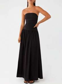 2025 Women Y2k Strapless Maxi Dress Tube Top Dress Elegant Long Dress Summer Beach Vacation Dress Off The Shoulder Dresses Sleeveless A Line Flowy Dress Wedding Party Formal Cocktail Dresses Bohemian Clothes Dress - 黑色 - 查看 1