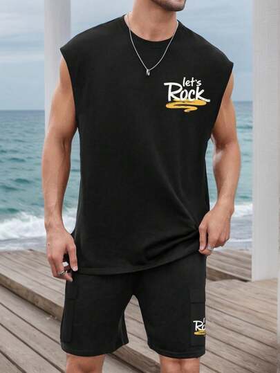 Men 2pcs Sports Set - Black - Sleeveless Top & Shorts, Casual Streetwear Commuter Outfit For Running, Gym, Fitness, Simple Letter Print Pattern