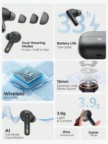 havit LIFE 01T 无线运动耳机，入耳式/半入耳式耳机，ENC 主动降噪，触控 HiFi 立体声耳机，带麦克风，兼容 iPhone/三星/华为/小米 - 黑色 - 查看 2