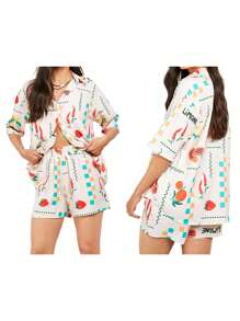 Women Pajamas Set 2 Pieces Loungewear Suits Fruits/Leaves Print Short Sleeve Tops And Shorts 2 Piece Loungewear Outfits