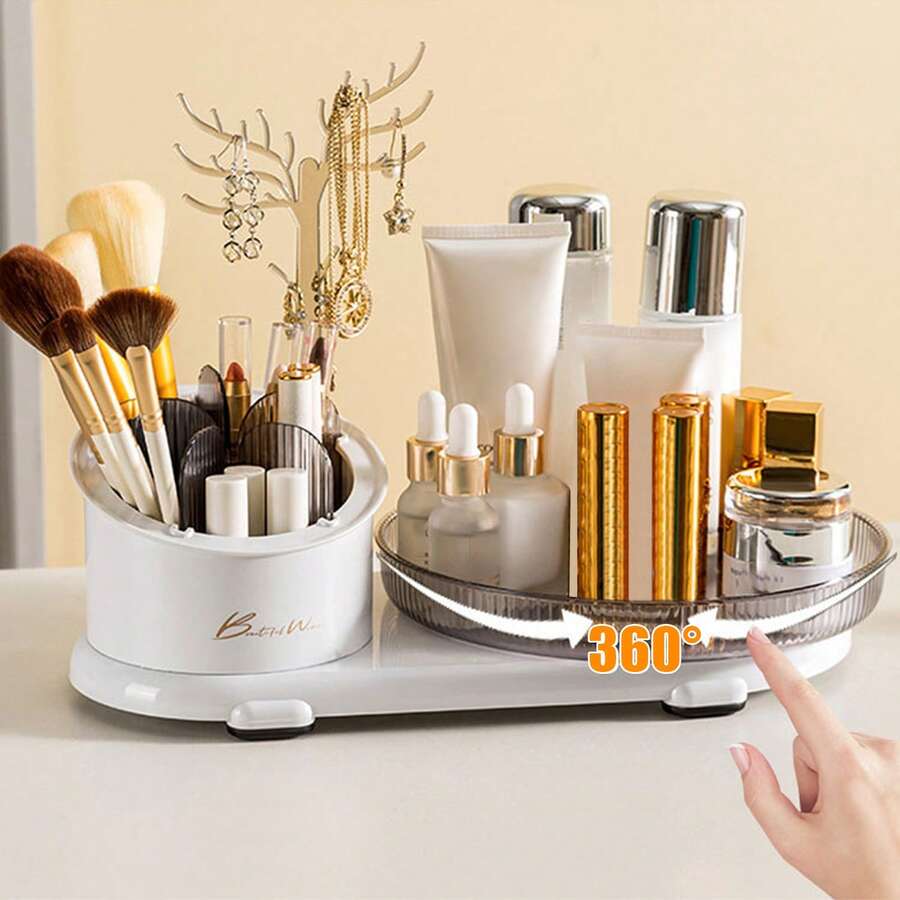 Caja de exhibición de cosméticos giratoria de 360 ​​​​°, almacenamiento de cosméticos de gran capacidad, con particiones, material plástico pulido, soporte elástico, sin fragancia especial, adecuada para productos para el cuidado de la piel y herramientas de maquillaje, puede acomodar al menos 20 pinceles de maquillaje / delineadores de ojos, 10 lápices labiales y 8 productos para el cuidado de la piel - Blanco - Ver 1